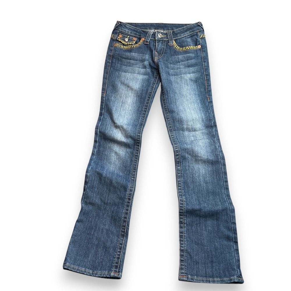 True Religion Billy Big T Straight Jeans 26 Dark Wash Yellow Thick Stitch Retro